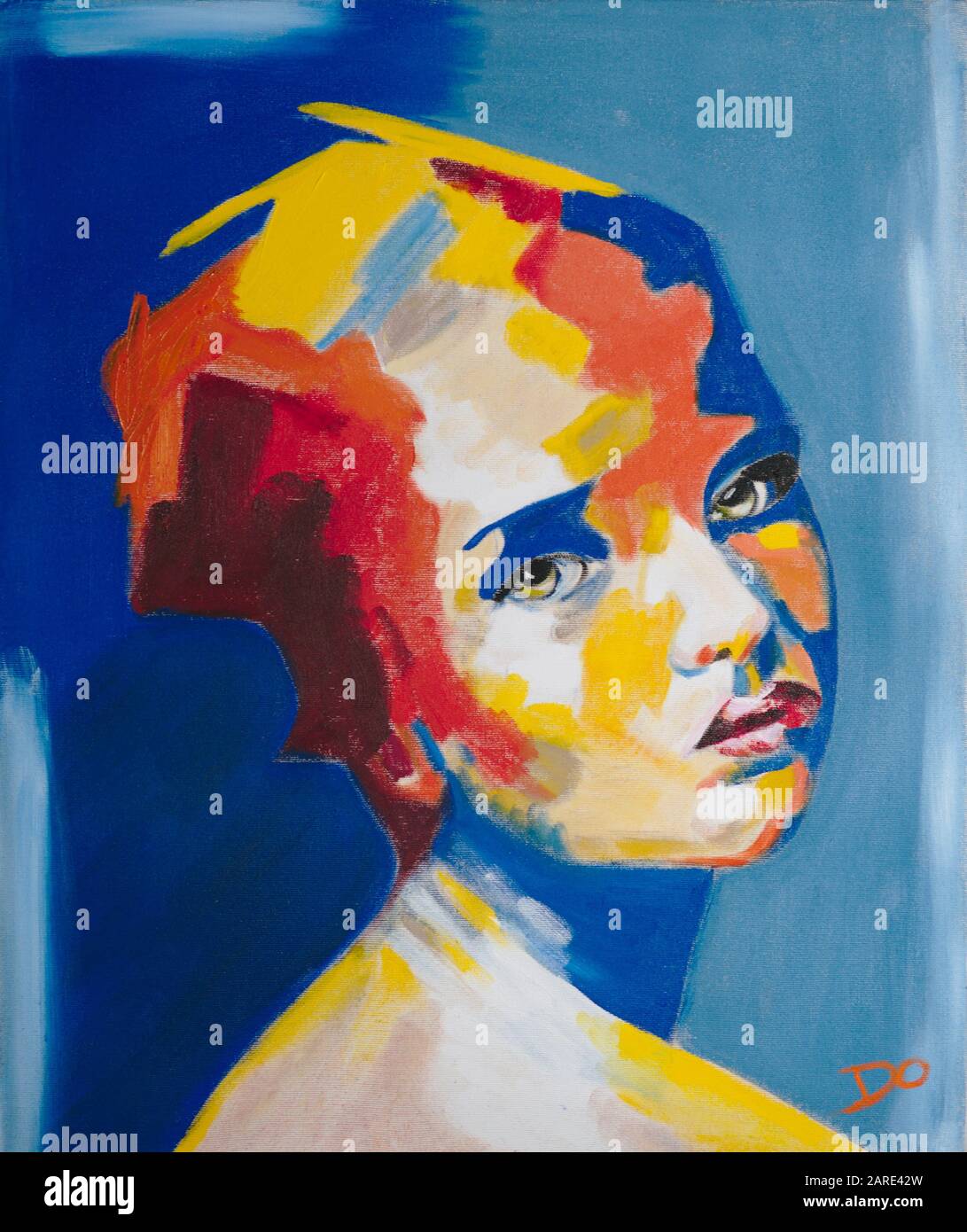 Portrait of a sad woman's face. Oil on canvas. Stock Photo