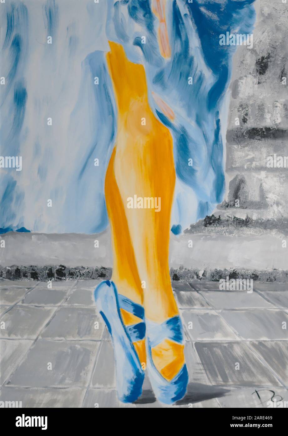 Legs and feet of a dancing wooman wearing blue dancing shoes and a fluttering dress. Painting, oil on canvas. Stock Photo