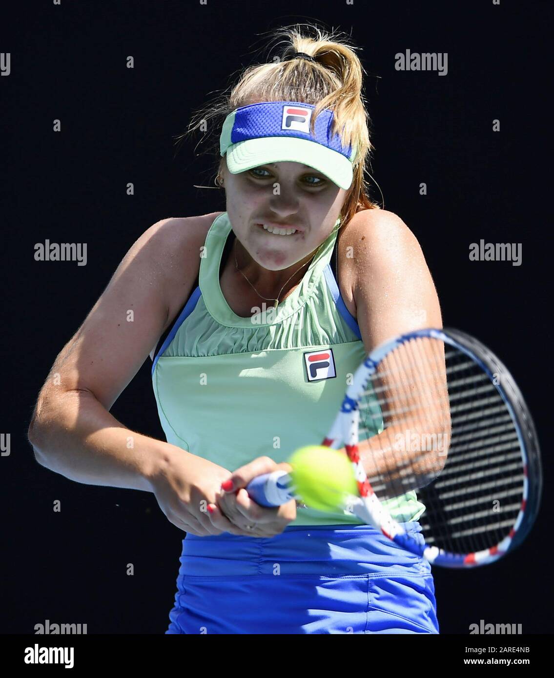 Melbourne, Australia. 28th Jan 2020. Sofia Kenin of the United States takes on Ons Jabeur of Tunisia in the quarterfinals of the Australian Open tennis tournament in Melbourne on Jan. 28, 2020. (Kyodo)==Kyodo Photo via Credit: Newscom/Alamy Live News Stock Photo