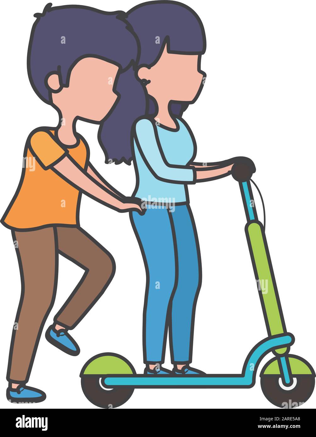 young man and woman riding electric scooter park trees meadow healthy lifestyle vector