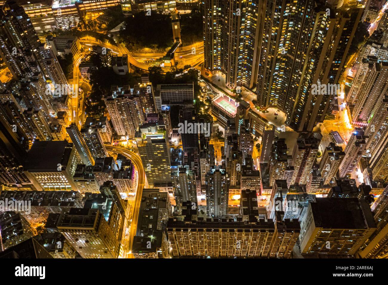Aerial view of city at night with Light Track Stock Photo - Alamy