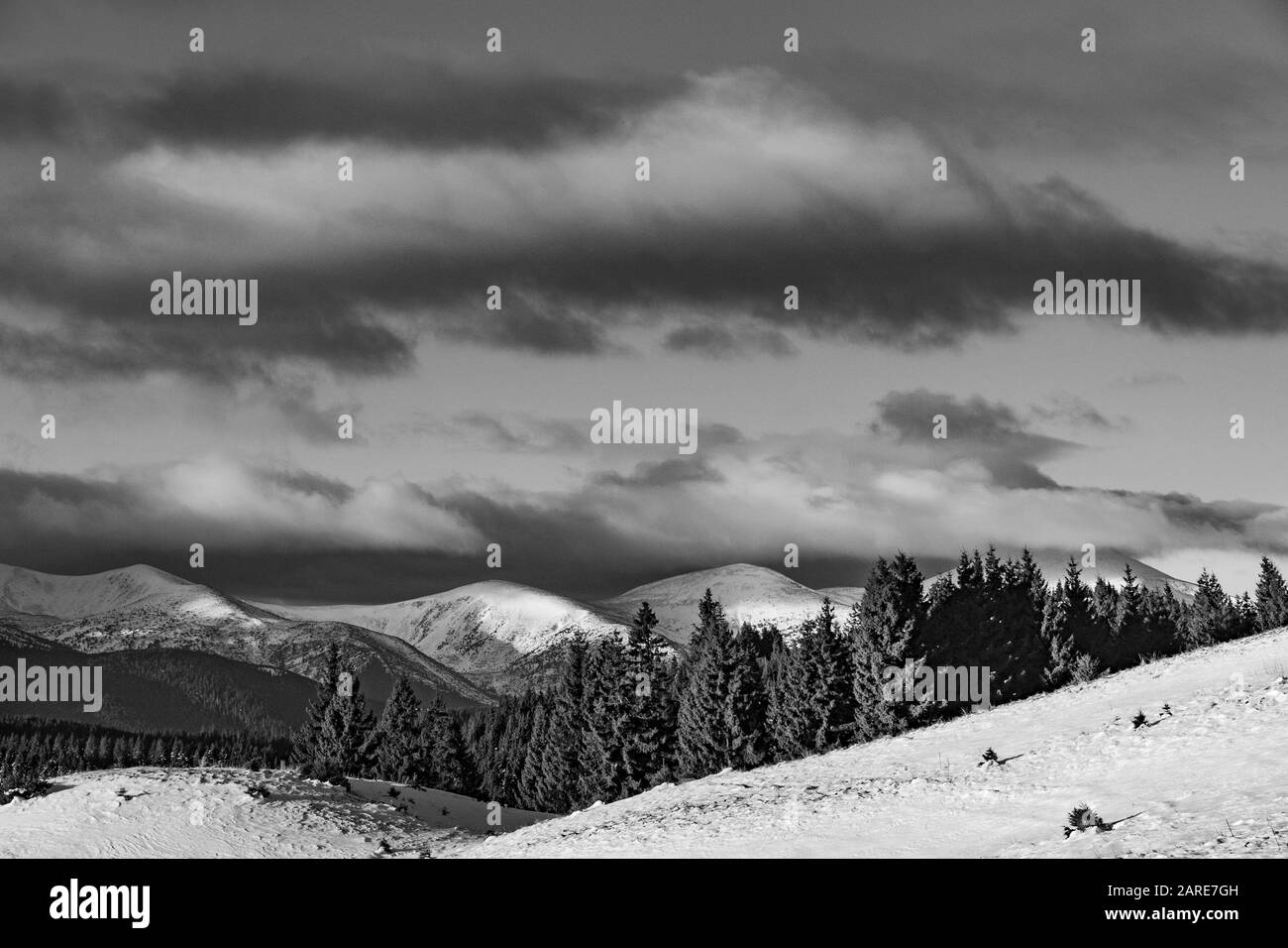 Winter mountain landscape in black and white color. Art photo. Stock Photo