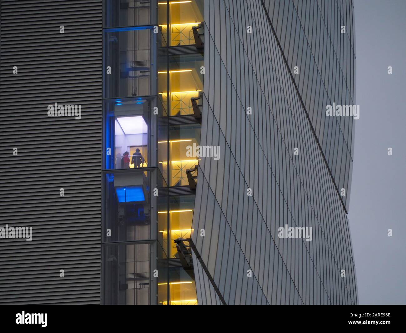 Moving outdoor glass elevator of a modern building Stock Photo Alamy