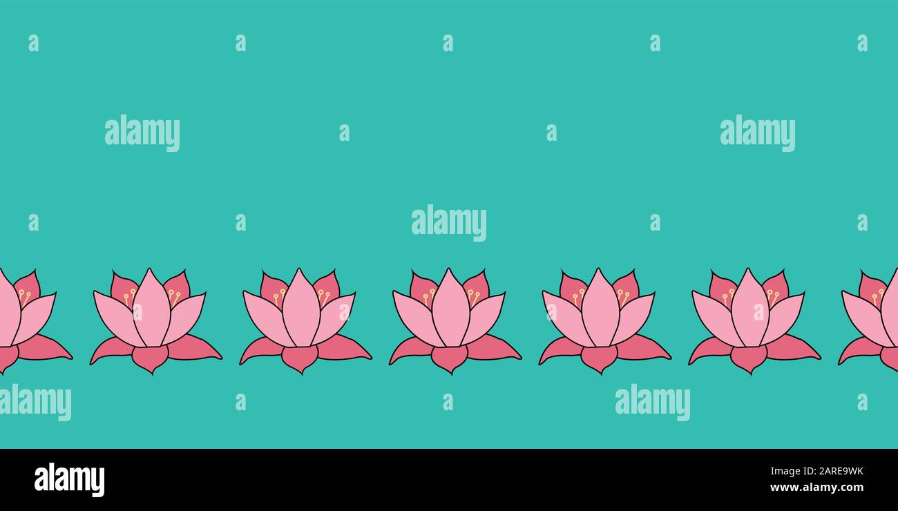 Lotus Flowers white creating Border Lily flower on blue background seamless vector repeat surface pattern Stock Vector