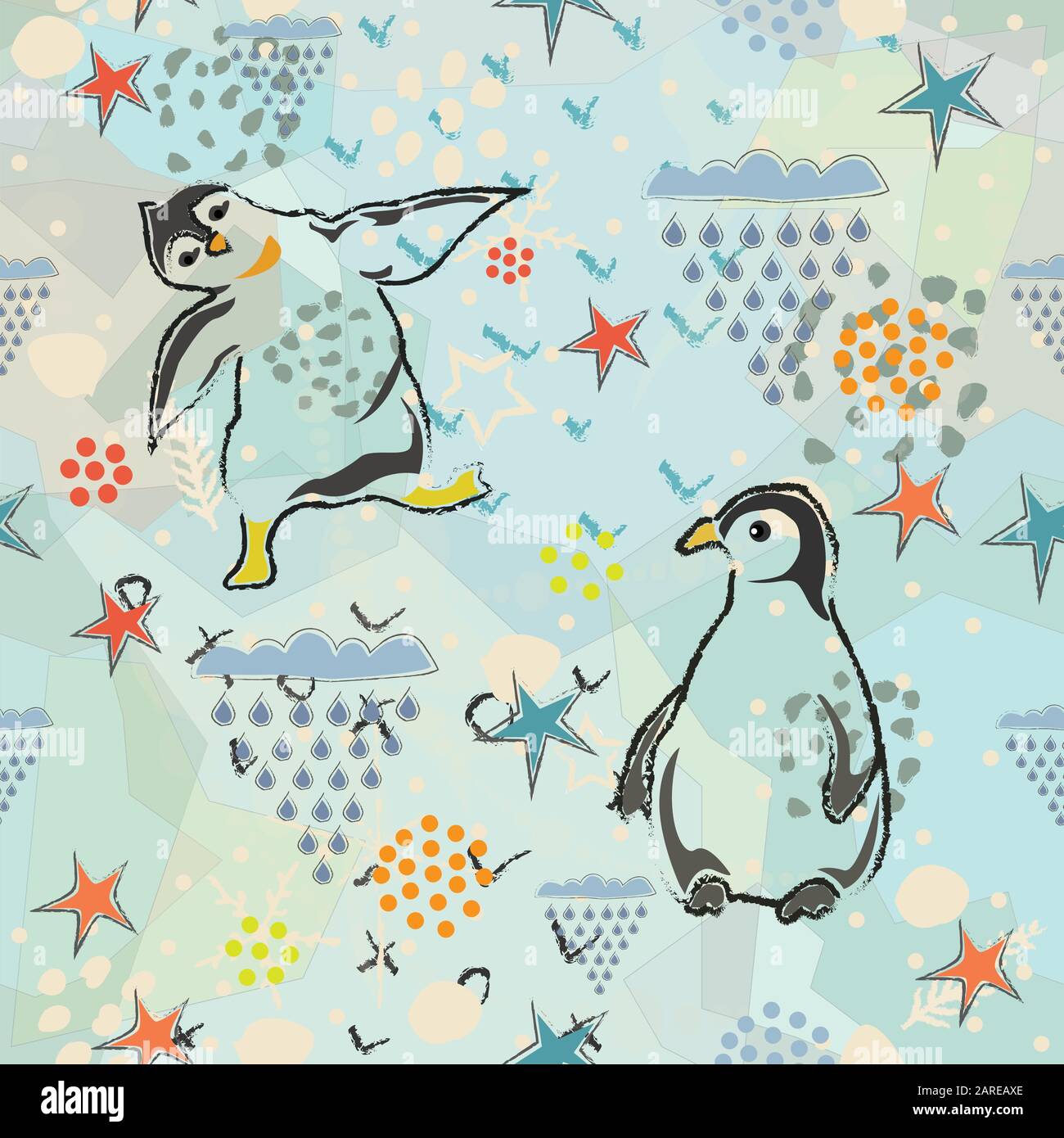 Seamless Pattern with Penguins. Scandinavian Style. Stock Vector