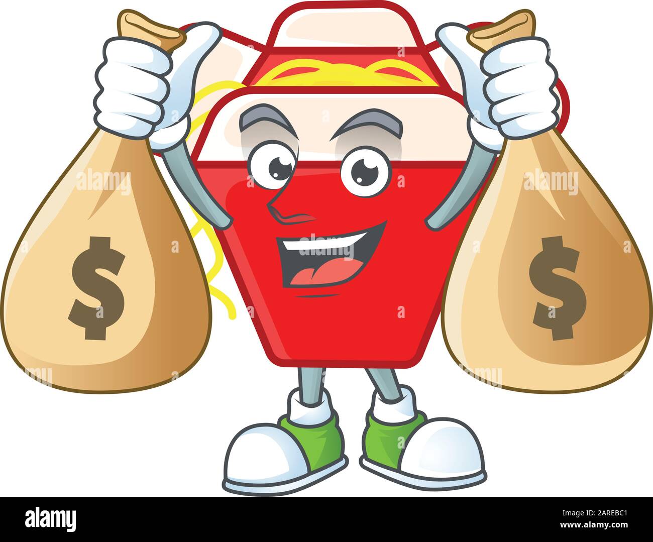 A picture of rich chinese box noodle cartoon character with two money