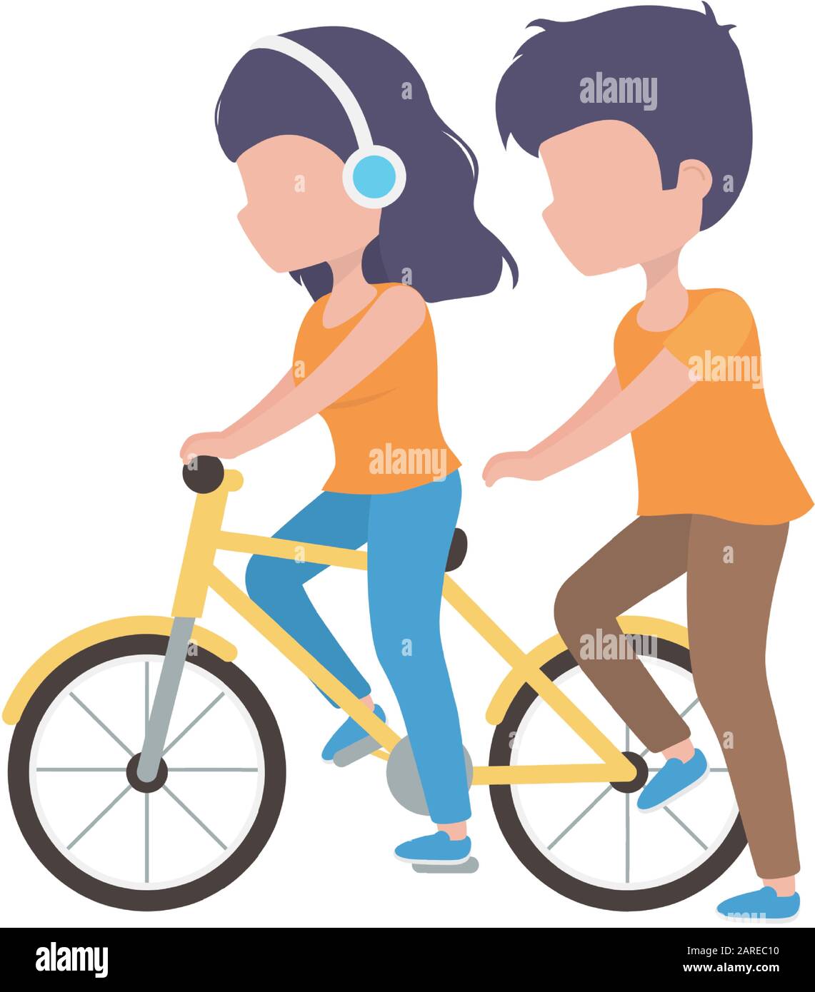 woman with headphones riding bike and man walk cartoon characters