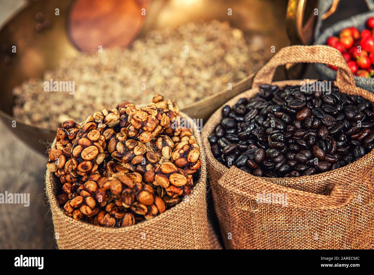 Robusta, Arabica, coffee berries, coffee beans. Top view with copy