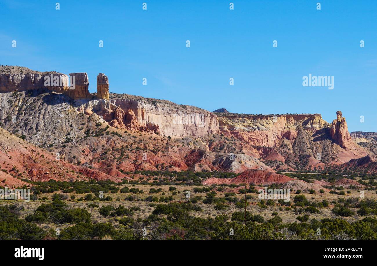 The unusually beautiful mountains surrounding Abiquiu, New Mexico is even more stunning with autumn colors. Stock Photo