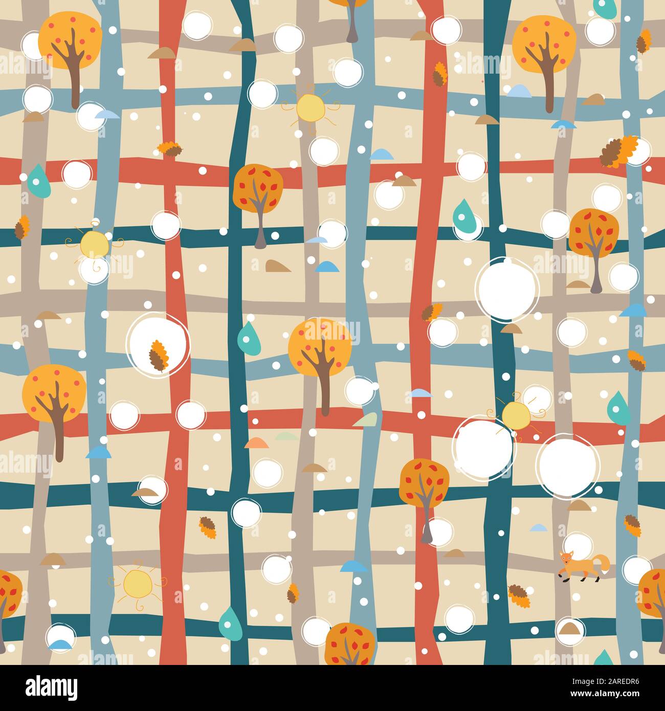 Cute Cold Autumn Pattern with  yellow trees and sun. Vector Illustration. Stock Vector