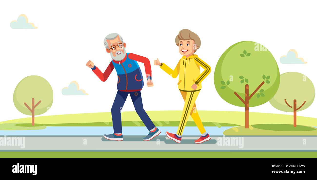 Happy active seniors running outside in green nature. Vector flat illustration. Stock Vector