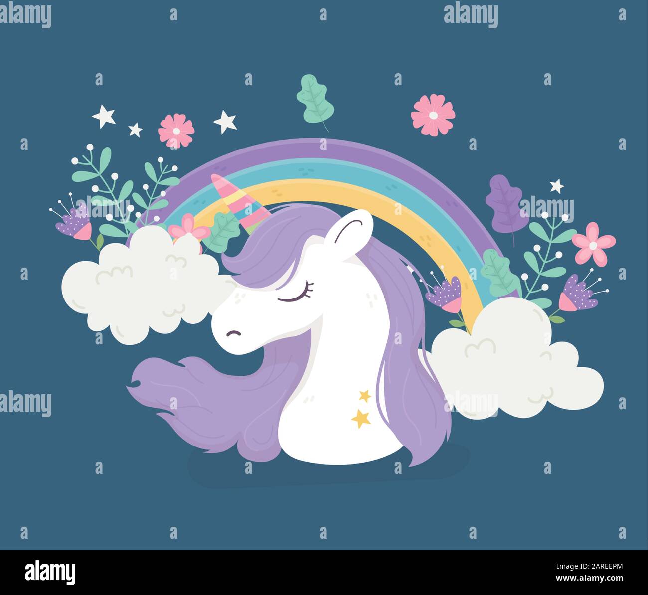unicorn rainbow clouds flowers fantasy magic cute cartoon vector ...