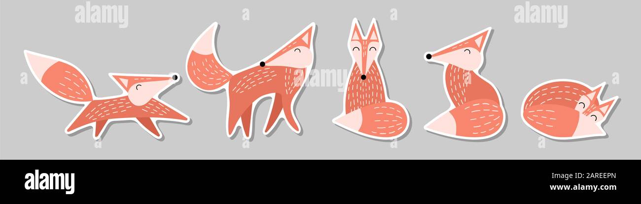 Set of stickers with cute foxes in trendy scandinavian style. Vector illustartion. Stock Vector