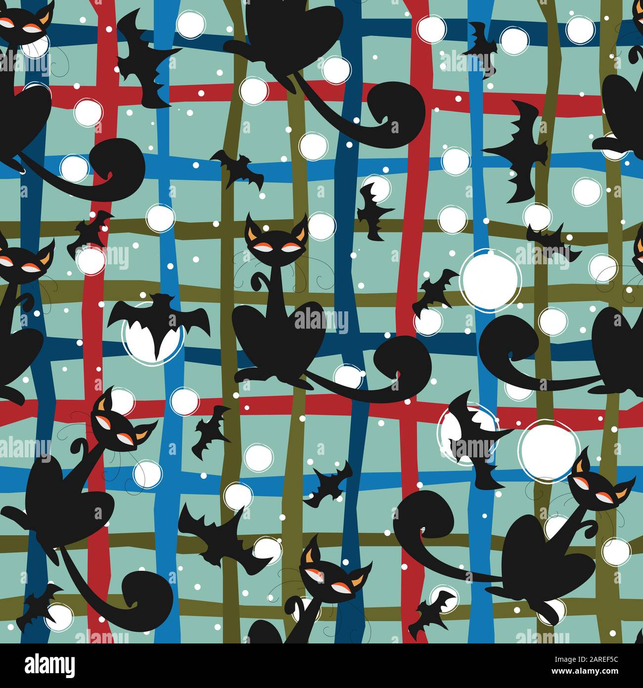 Seamless pattern of Halloween cats and bats in black, traditional ...
