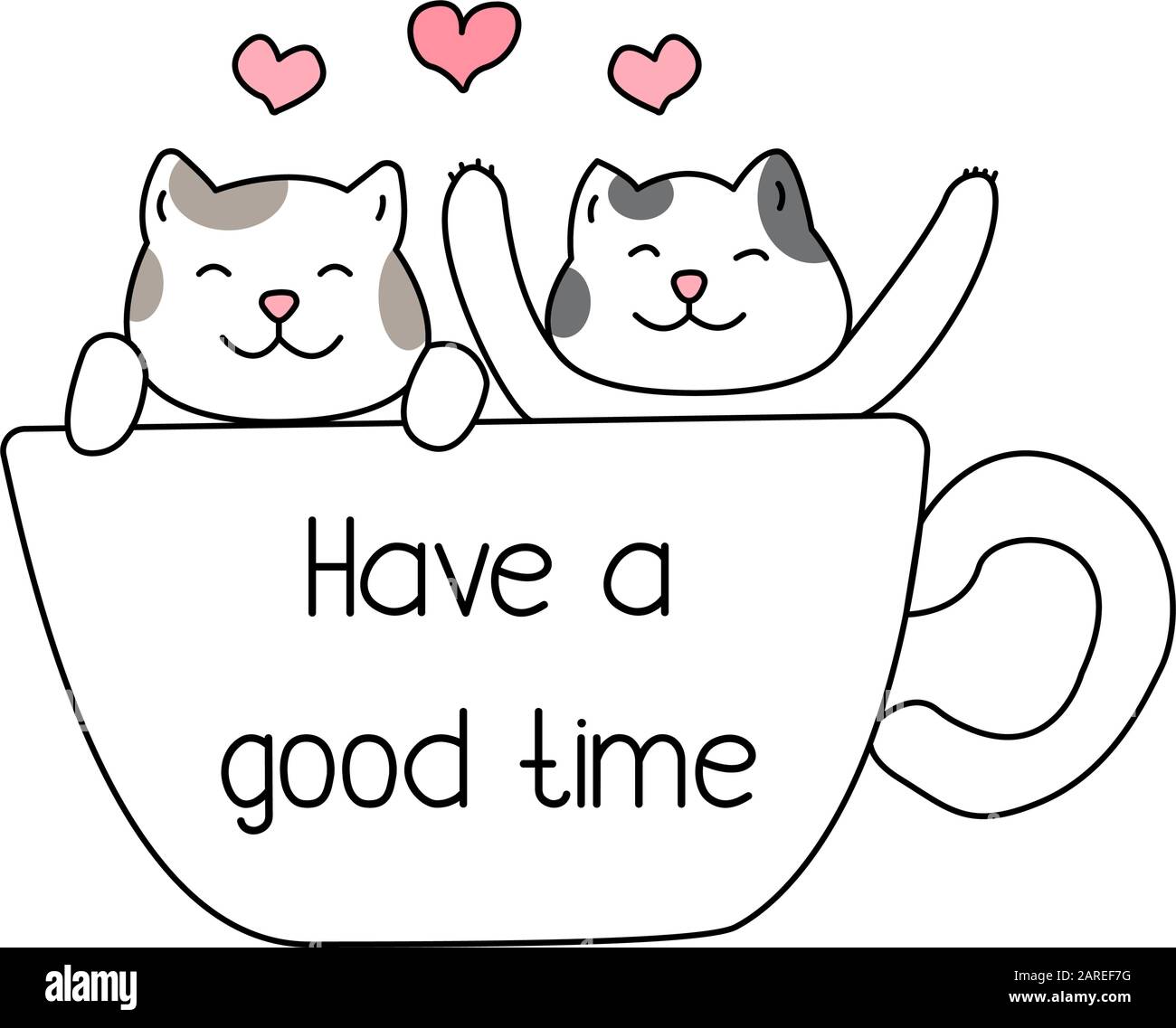 Happy cats and cup, have a good time hand drawn style, Cute cartoon funny animal character. Stock Vector