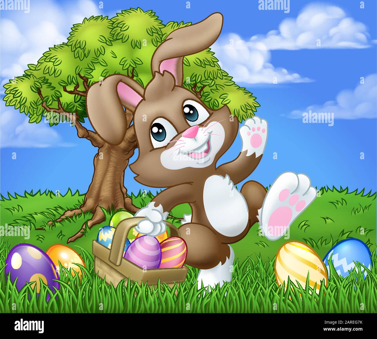 Easter Bunny Rabbit Eggs Basket Background Cartoon Stock Vector Image & Art - Alamy
