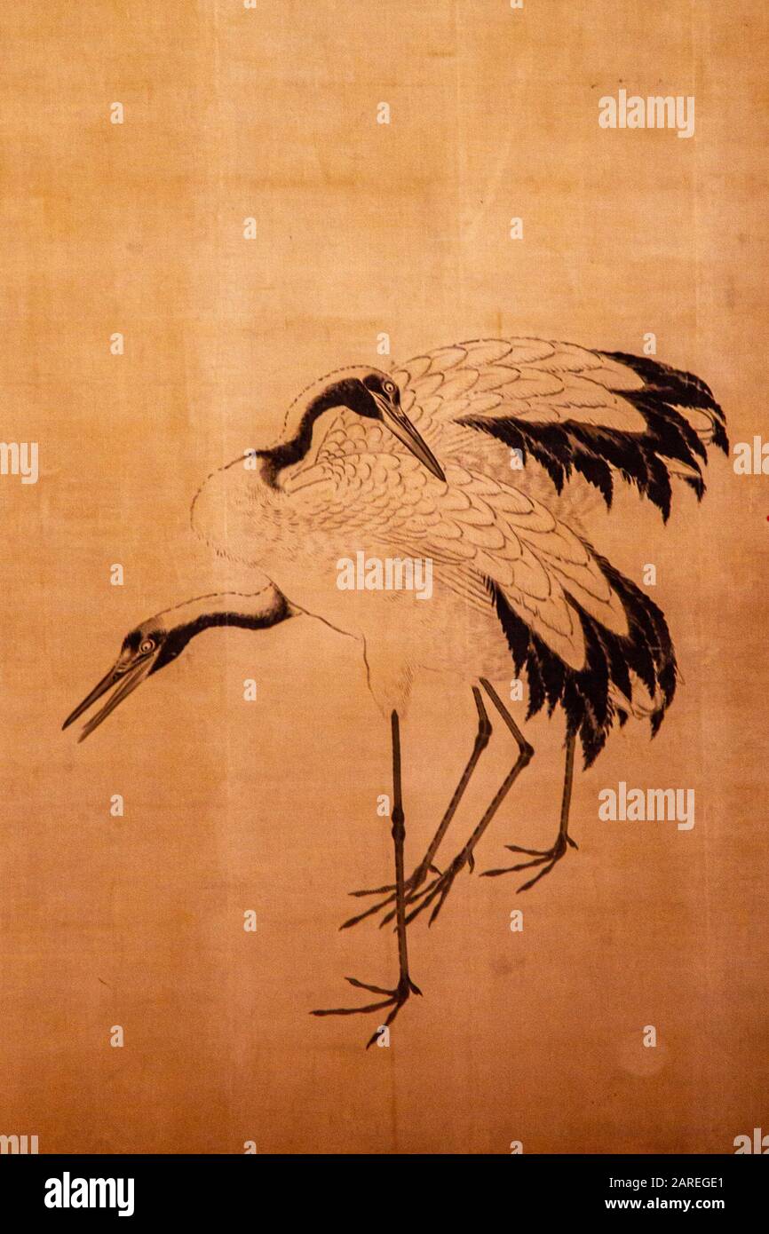 An ancient painting of a crane in the Imperial Palace in Kyoto Stock Photo