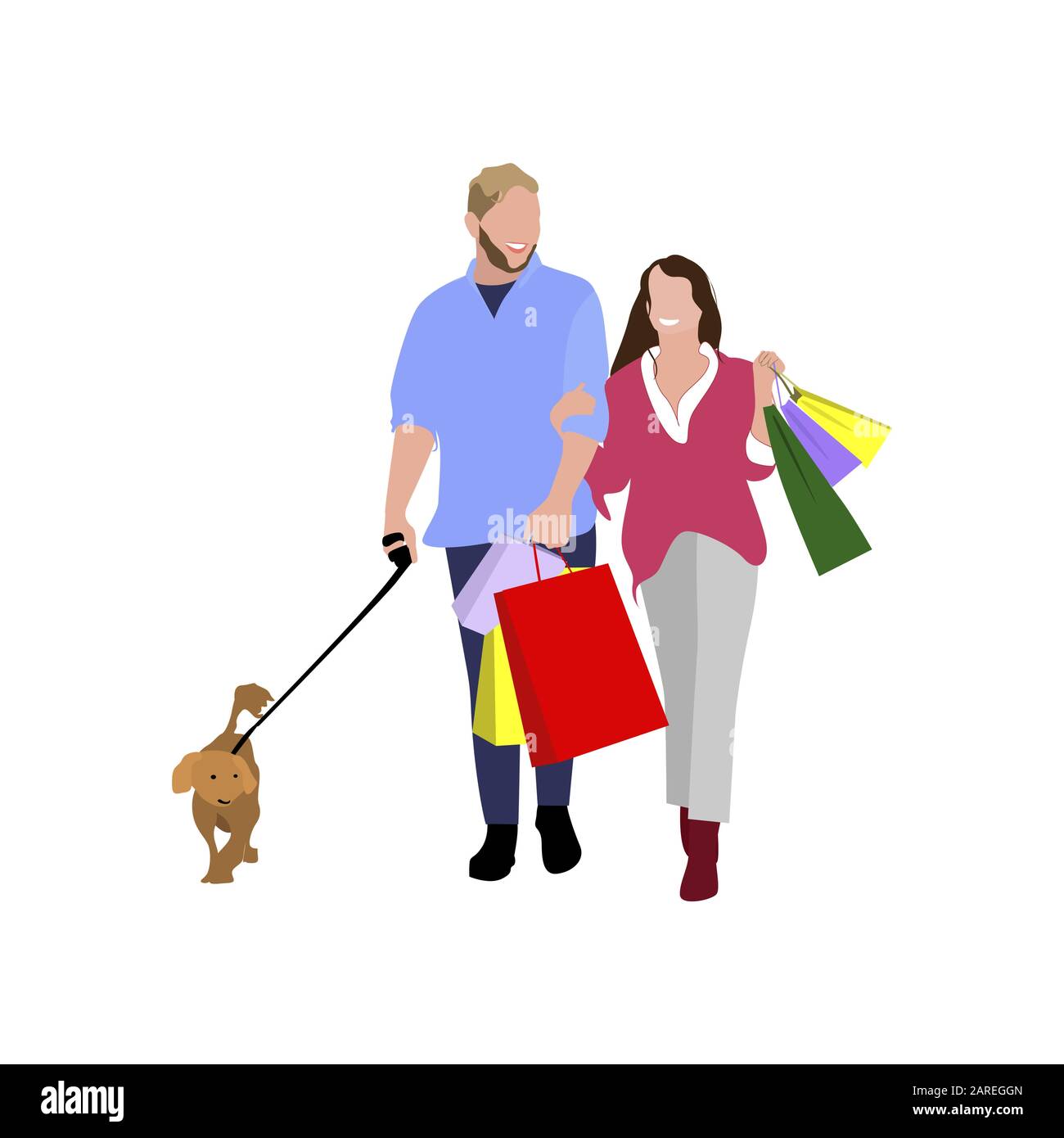 People man and woman do shopping. Couple with purchases and dog. Couple and dog with purchase after shopping illustration Stock Vector