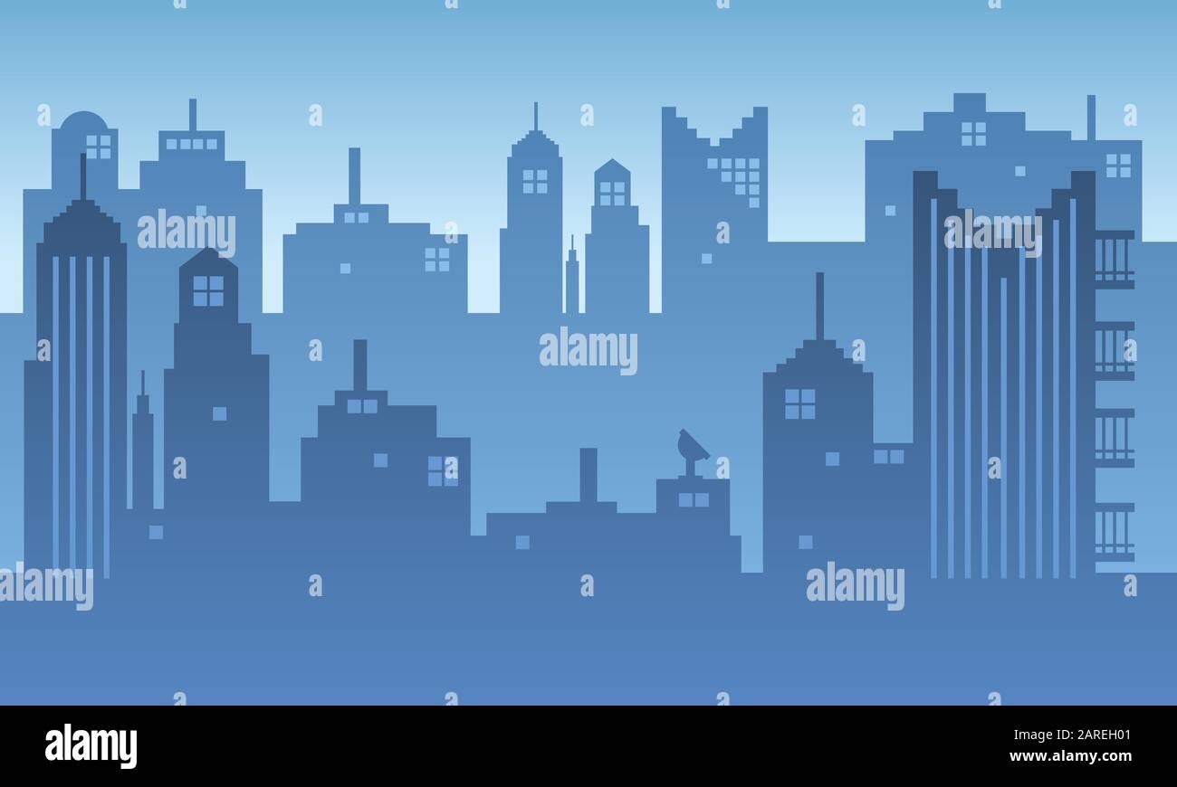 Blue sky background with buildings and rooftops of a city silhouette ...