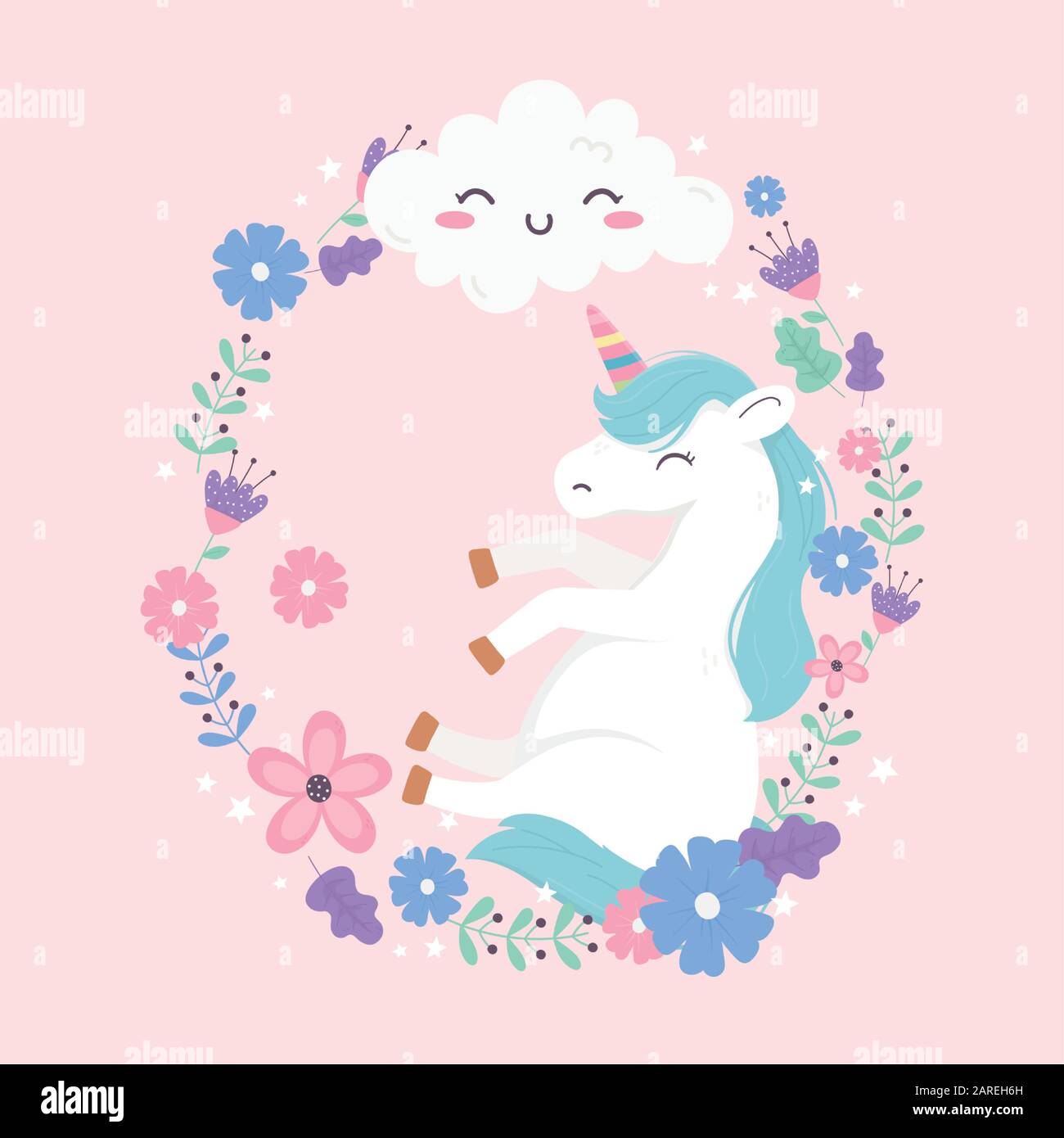 unicorn with frame flowers cloud fantasy magic dream cute cartoon ...