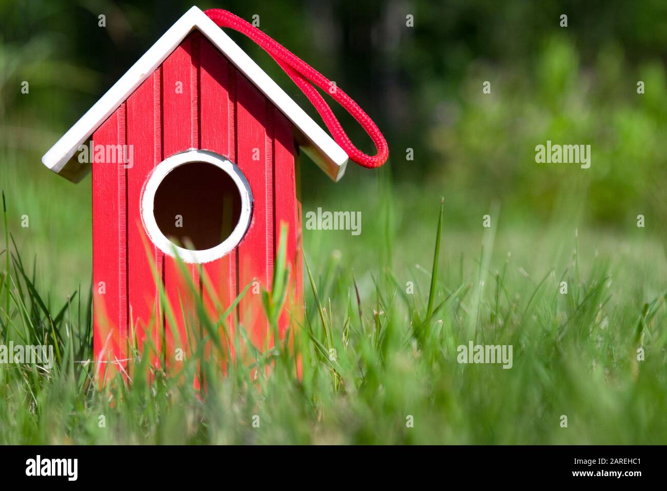 Red wooden house in summer garden. Eco cottage Stock Photo - Alamy
