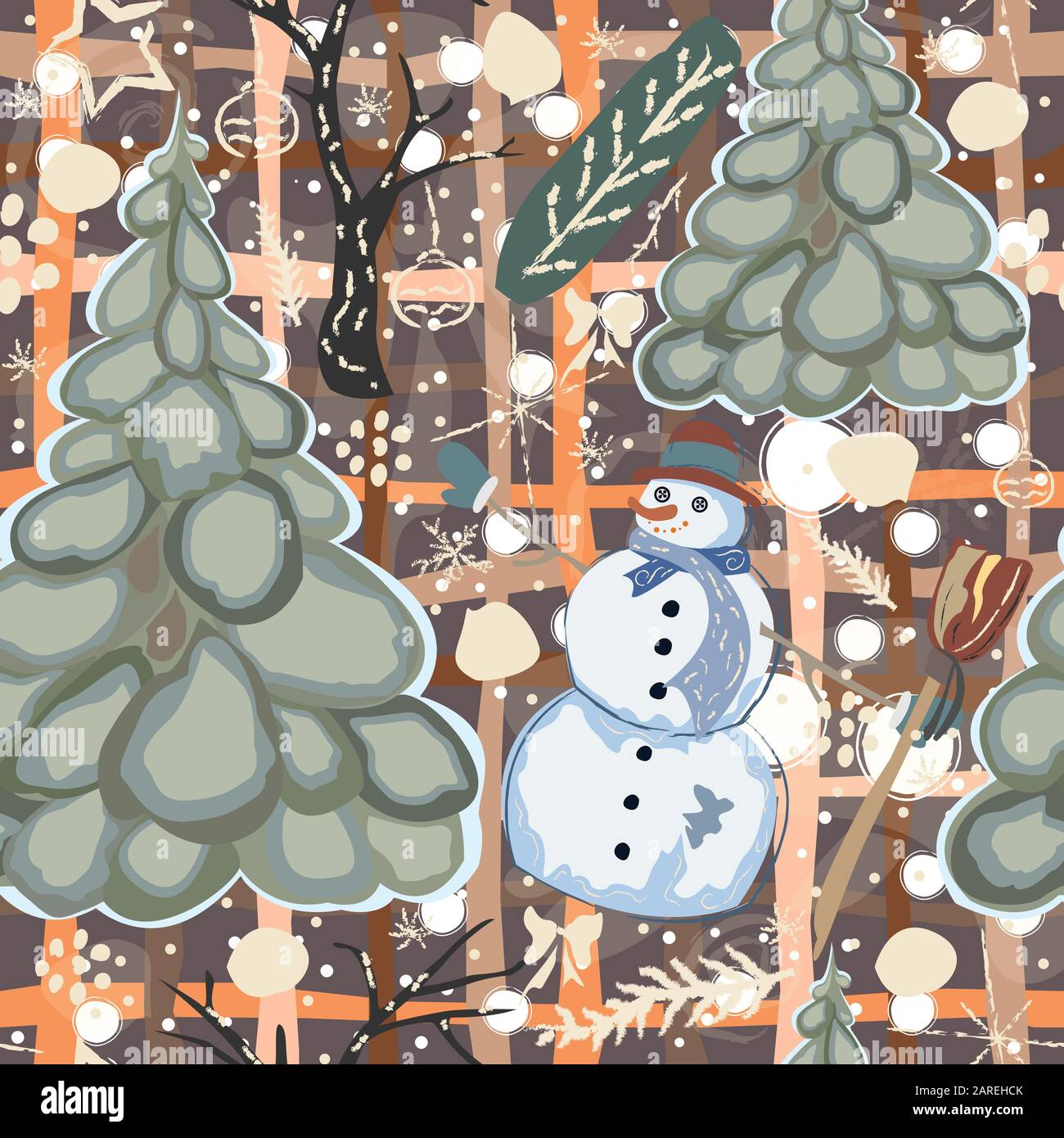 Colorful Winter Pattern with Snowman. Seamless Pattern. Vector Illustration. Stock Vector