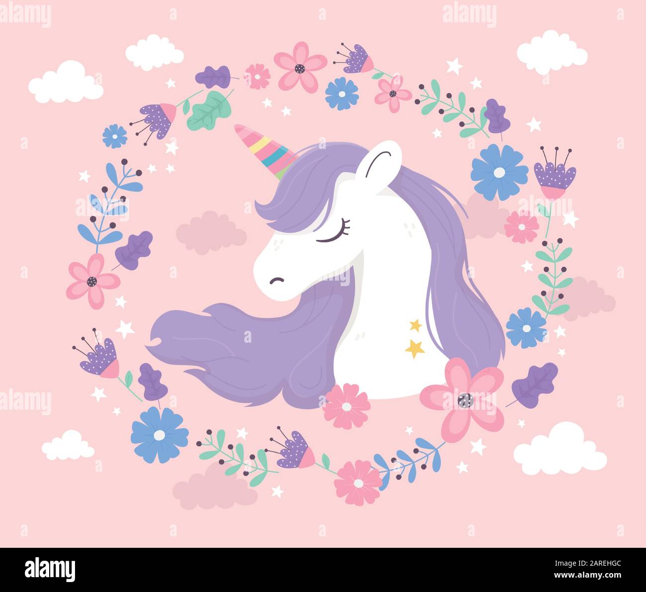 unicorn wreath flowers flora clouds fantasy magic dream cute cartoon ...