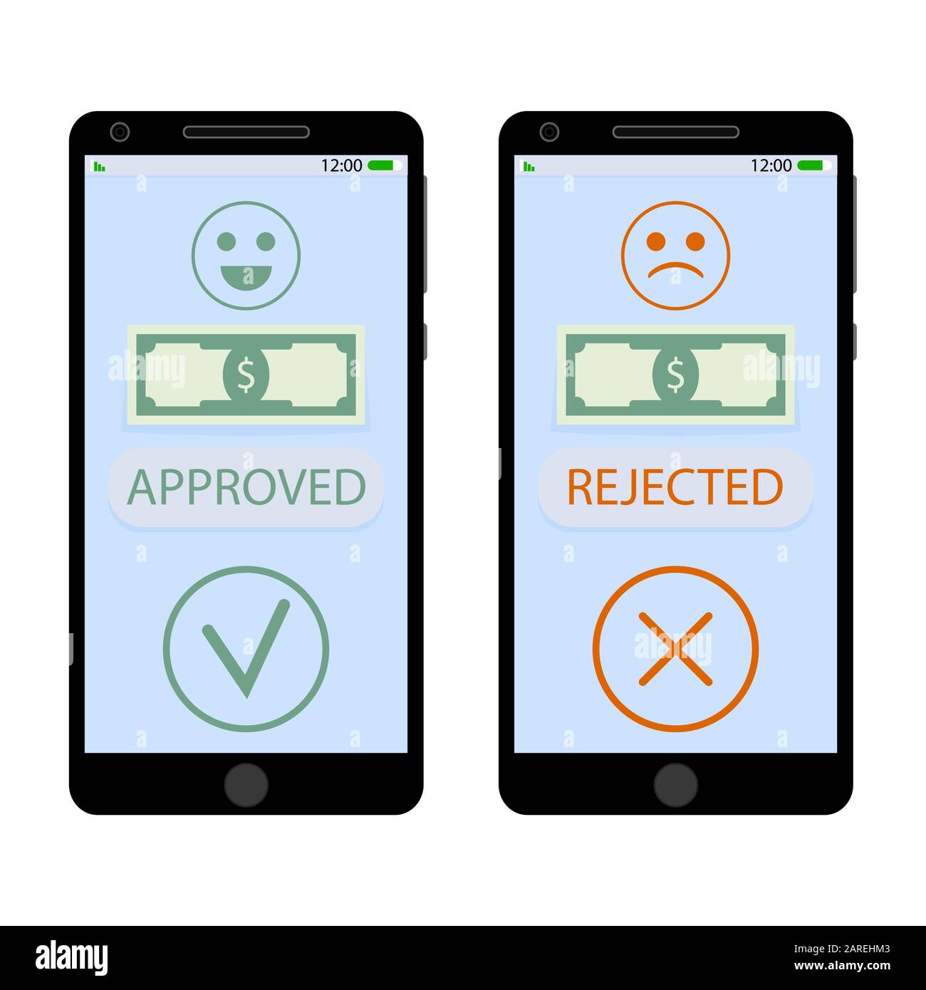 Approved and rejected pay on smartphone. Get money on mobile app, approve and deny. Vector illustration Stock Vector