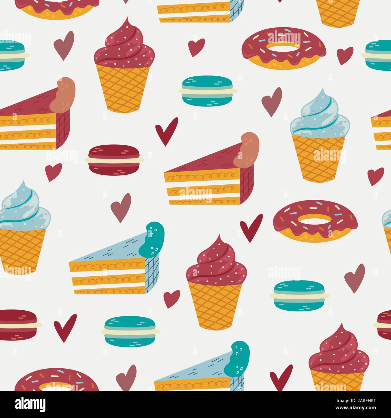 Vector seamless pattern with sweet deserts on the blue background. Stock Vector