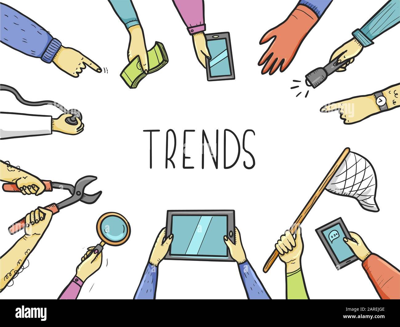 Hand drawn doodle style hands with different elements, tablet, magnifier, skip. Concept of chaze trend, marketing, search popular information, business seo. Vector illustration with text place. Stock Vector