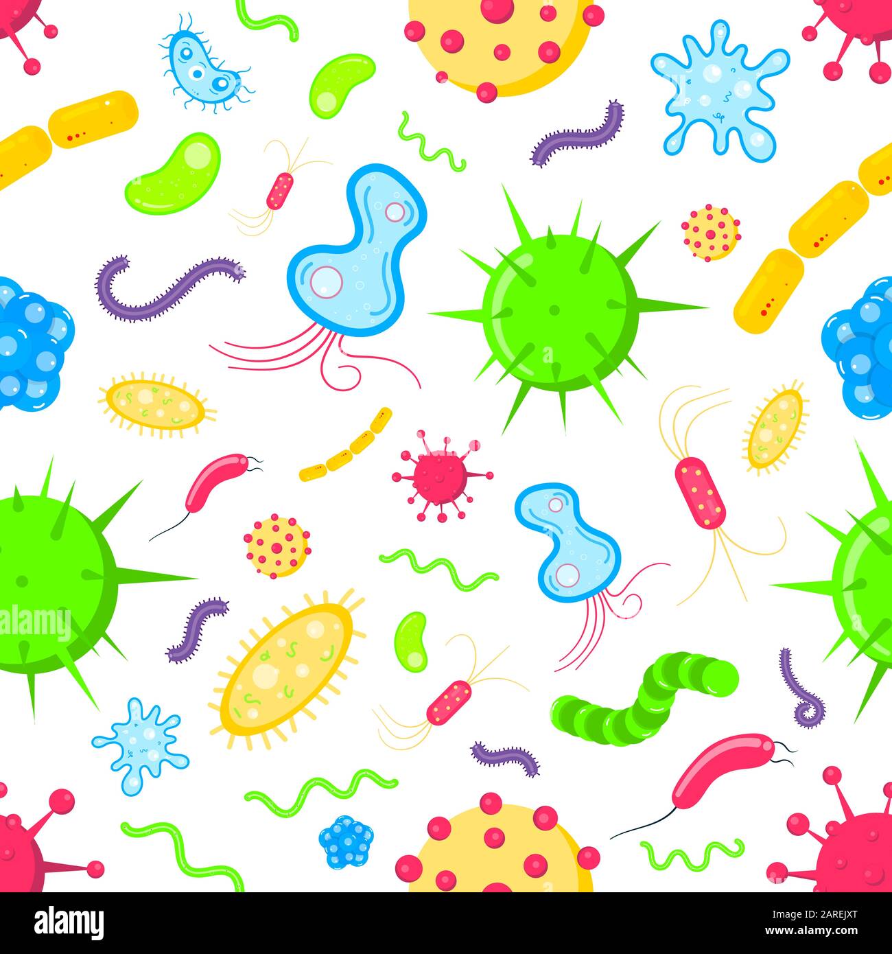 Bacterial microorganisms, germs and viruses colorful seamless pattern. Viruses, infections colorful, micro-organisms disease objects, cell cancer vect Stock Vector