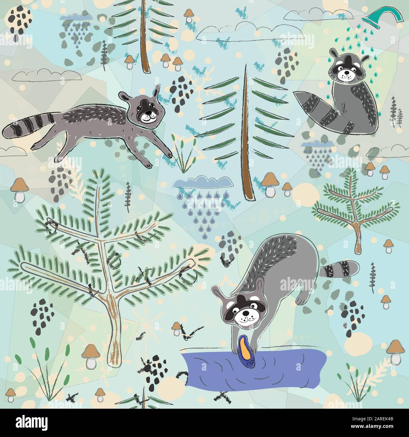 Seamless Pattern with Raccoons in the Forest. Scandinavian Style ...