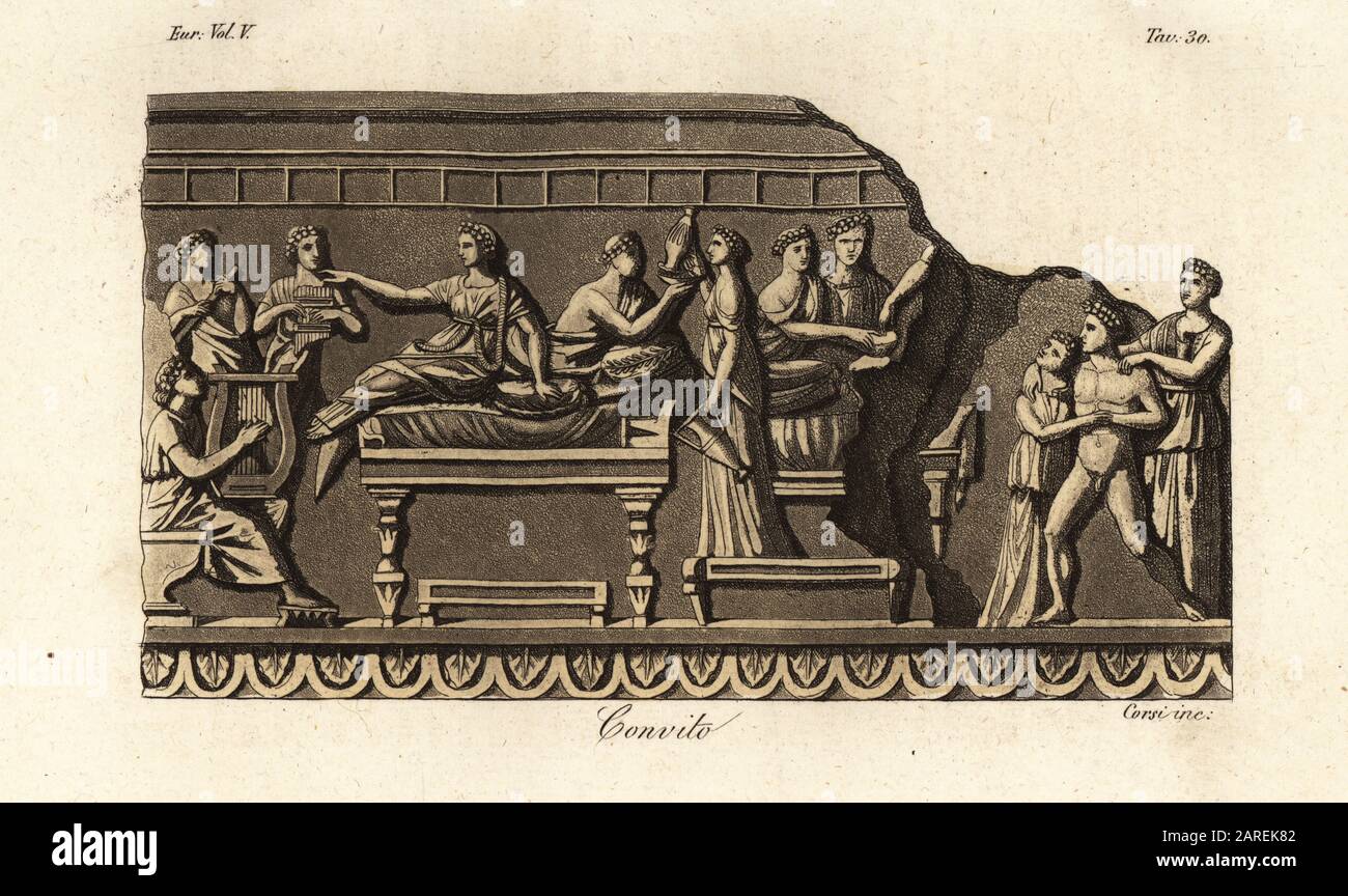Etruscans in garlands lying on couches at a feast. Servants bring food and wine, while musicians play lyre, panpipes and flute. They were known as fat Etruscans (obesus Etruschi) or fat Tyrrhnians (pinguis Tyrrenus). Convito. Handcoloured copperplate engraving by Corsi from Giulio Ferrario’s Costumes Ancient and Modern of the Peoples of the World, Il Costume Antico e Moderno, Florence, 1843. Stock Photo