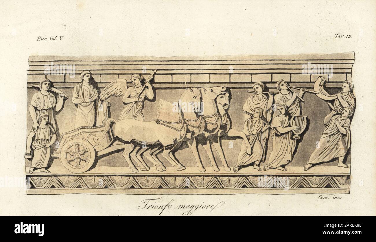 Etruscan major triumphal parade. A warrior in a quadriga four-horse chariot with shield-bearer, led by musicians, trumpeters, lyre and tibia. Trionfo maggiore. From an alabaster grave stone. Handcoloured copperplate engraving by Corsi from Giulio Ferrario’s Costumes Ancient and Modern of the Peoples of the World, Il Costume Antico e Moderno, Florence, 1843. Stock Photo