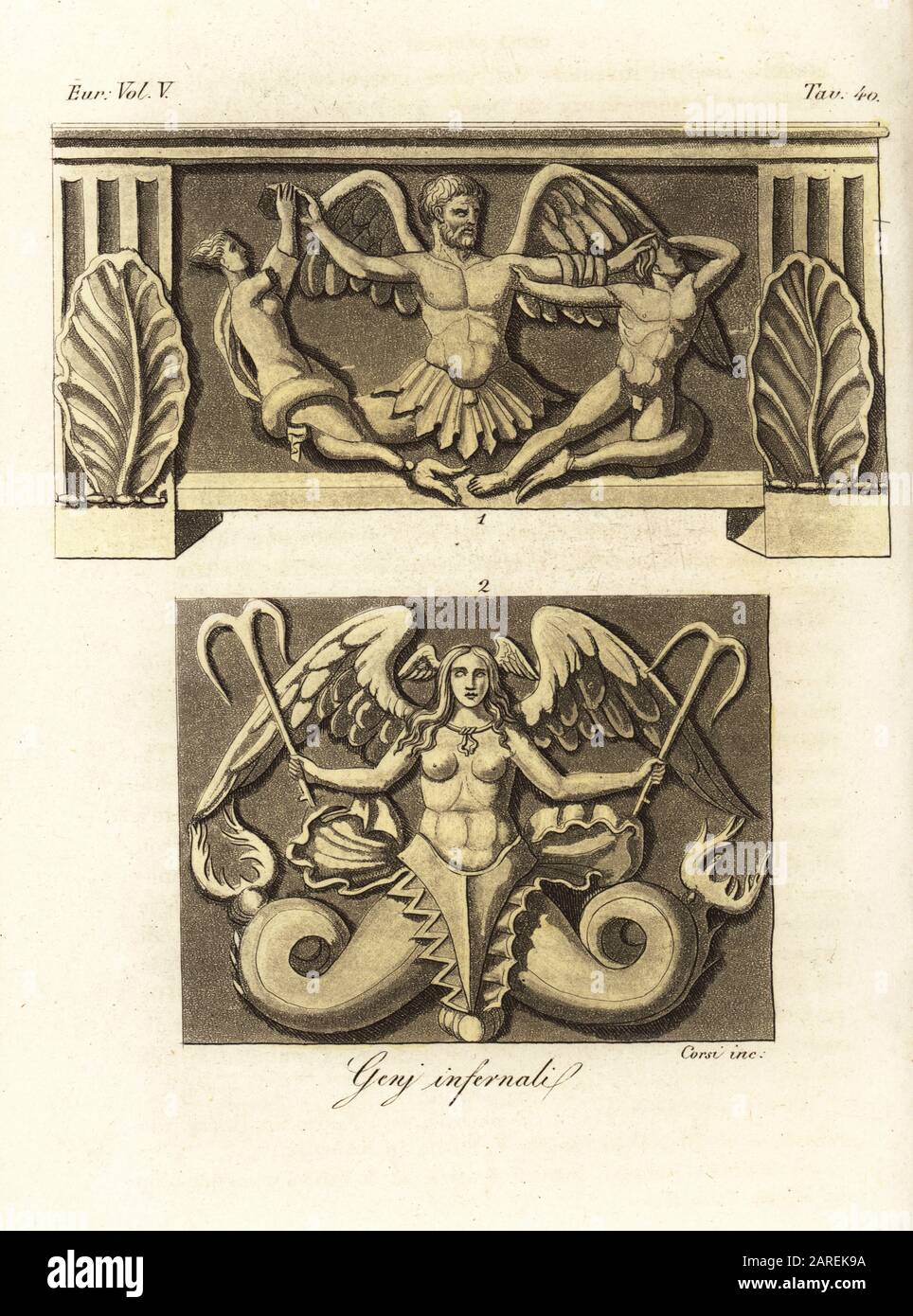 Ancient Etruscan chimera. A winged marine demon with fish tail limbs tormenting a man and woman 1, and Scylla an infernal winged mermaid with giant hooks 2. Geni infernali. Handcoloured copperplate engraving by Corsi from Giulio Ferrario’s Costumes Ancient and Modern of the Peoples of the World, Il Costume Antico e Moderno, Florence, 1843. Stock Photo