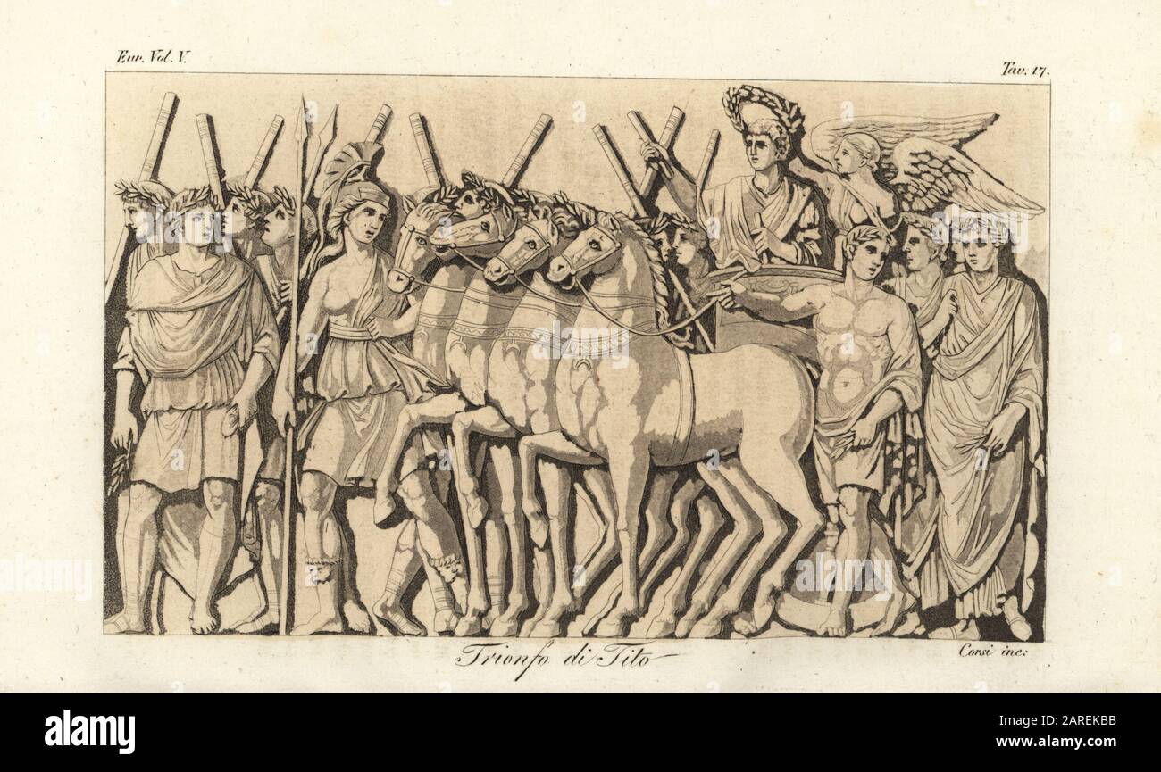 Emperor Titus in a quadriga or four-horse chariot crowned by the personification of Victory on the Arch for TItus. The goddess Roma leads the horses, while Roman citizens and senators watch. Triumph of Titus over Jerusalem. Trionfo di Tito. Handcoloured copperplate engraving by Corsi from Giulio Ferrario’s Costumes Ancient and Modern of the Peoples of the World, Il Costume Antico e Moderno, Florence, 1843. Stock Photo