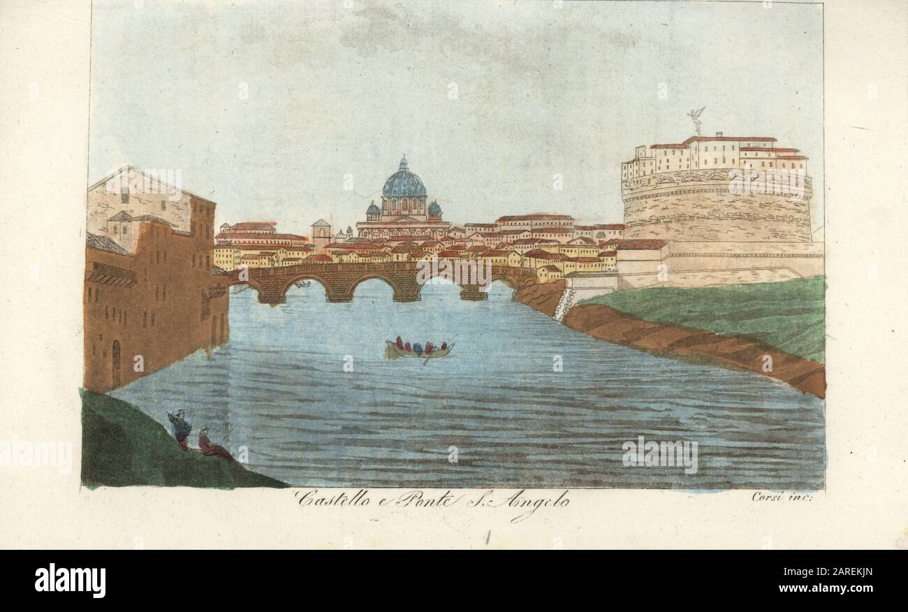 The Ponte Sant’Angelo on the River Tiber and Castel Sant’Angelo, Rome. Built by the Emperor Hadrian in 134AD. With St. Peter’s Basilica in the background. Castello e Ponte S. Angelo. Handcoloured copperplate engraving by Corsi from Giulio Ferrario’s Costumes Ancient and Modern of the Peoples of the World, Il Costume Antico e Moderno, Florence, 1843. Stock Photo