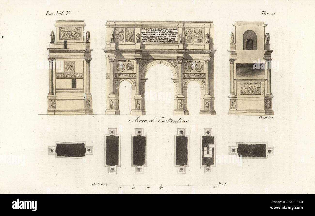Plan and elevations of the Arch of Constantine, Rome, a triumphal arch built to commemorate Emperor Constantine I’s victory over Maxentius. Arco di Costantino. Handcoloured copperplate engraving by Corsi from Giulio Ferrario’s Costumes Ancient and Modern of the Peoples of the World, Il Costume Antico e Moderno, Florence, 1843. Stock Photo
