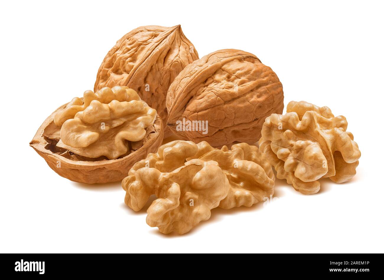 Group of walnut nust isolated on white background. Package design element with clipping path Stock Photo