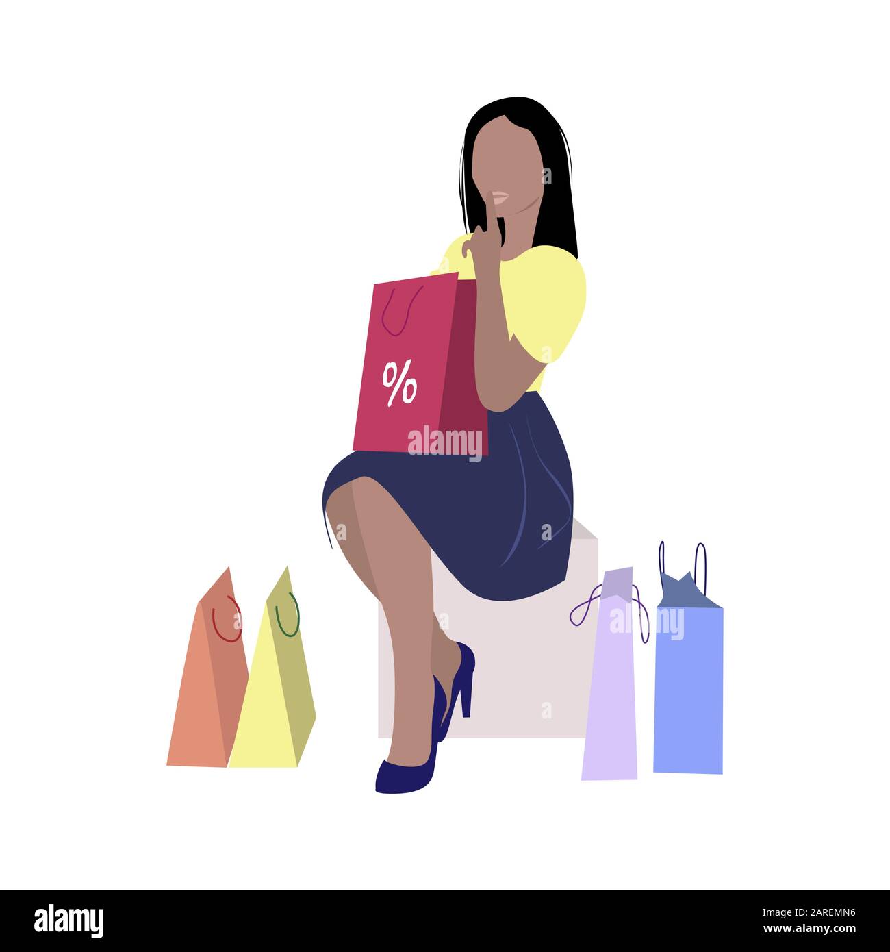 Woman in boutique with purchase. Shopper and packs. Illustration shopaholic, buyer in store vector Stock Vector