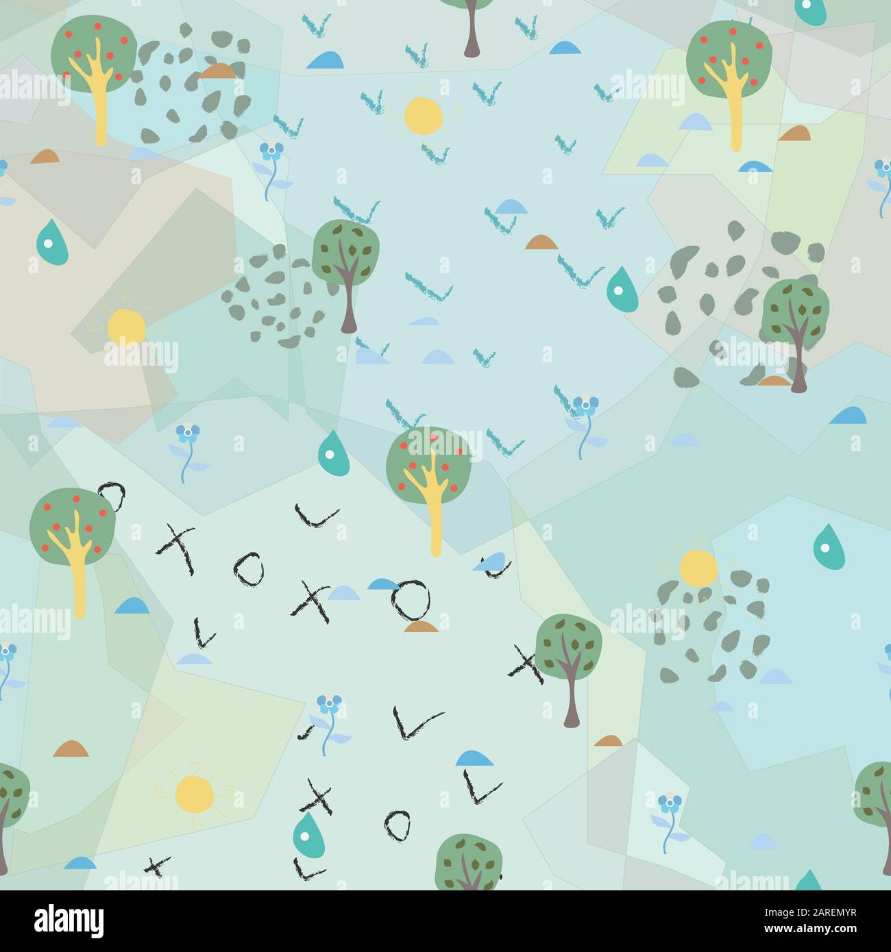 Seamless Tree Pattern with small trees, hills. Vector Illustration Stock Vector