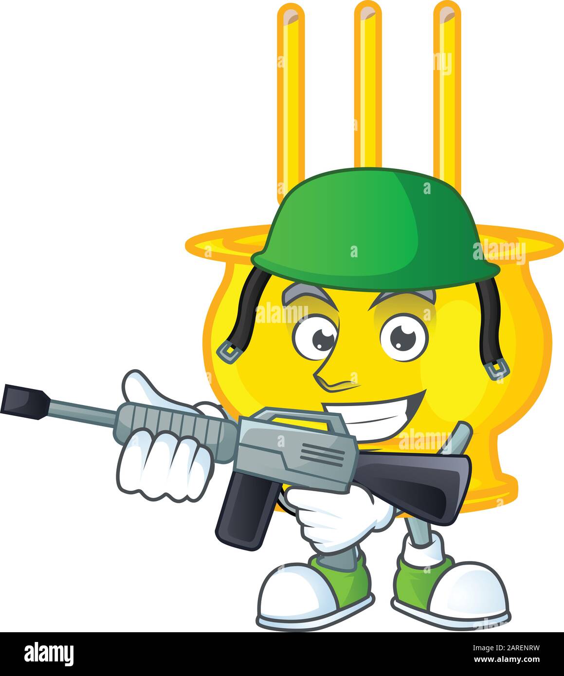 Chinese gold incense carton character in an Army uniform with machine