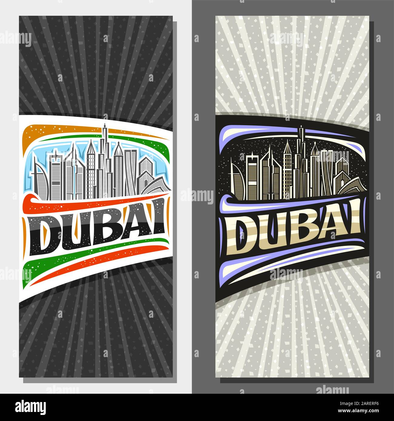 Vector vertical layouts for Dubai with copy space, decorative leaflet with line illustration of modern dubai cityscape on day and dusk sky background, Stock Vector