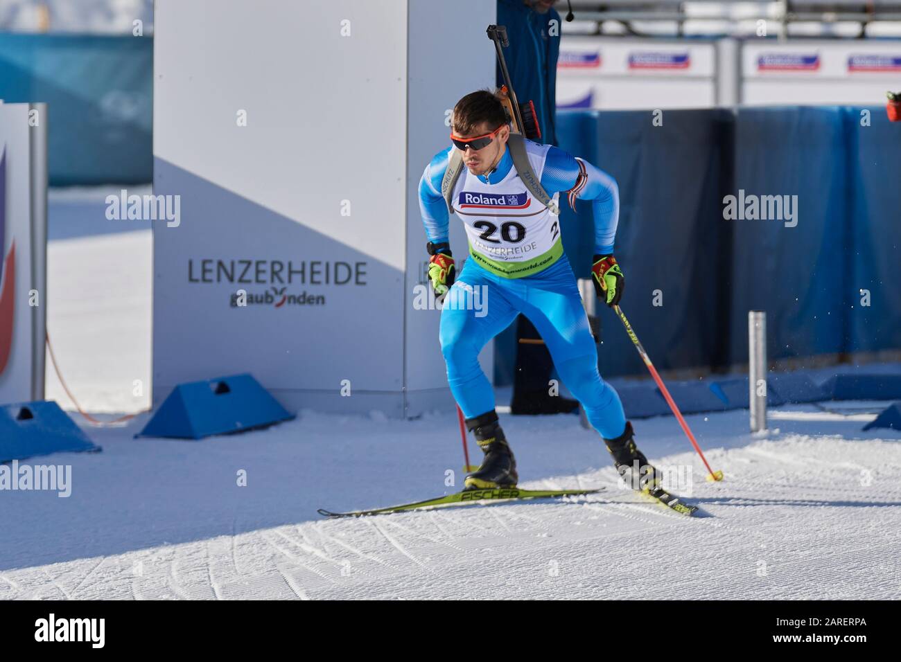 Lenzerheide, Schweiz, 27. Januar 2020. Tsourekas Nikolaos beim 15 km Einzelwettkampf der Junioren Männer an den Jugend- und Junioren-Weltmeisterschaft Stock Photo