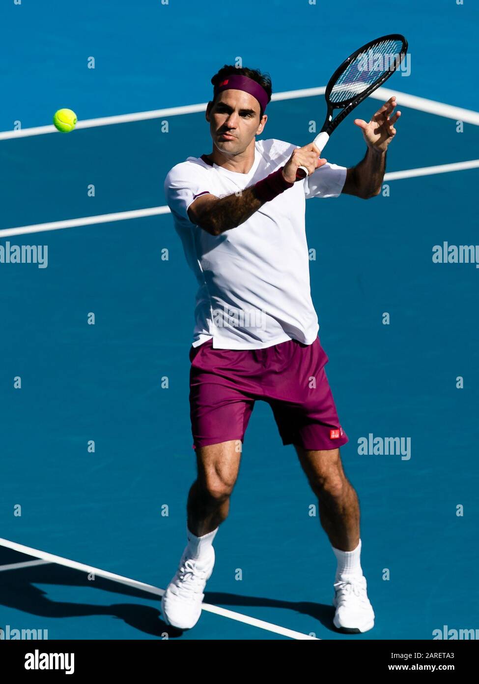 Melbourne, Australia. 28th Jan, 2020. Roger Federer from Switzerland is in  action during his 4th round match at the 2020 Australian Open Grand Slam tennis  tournament in Melbourne, Australia. Credit: Frank Molter/Alamy