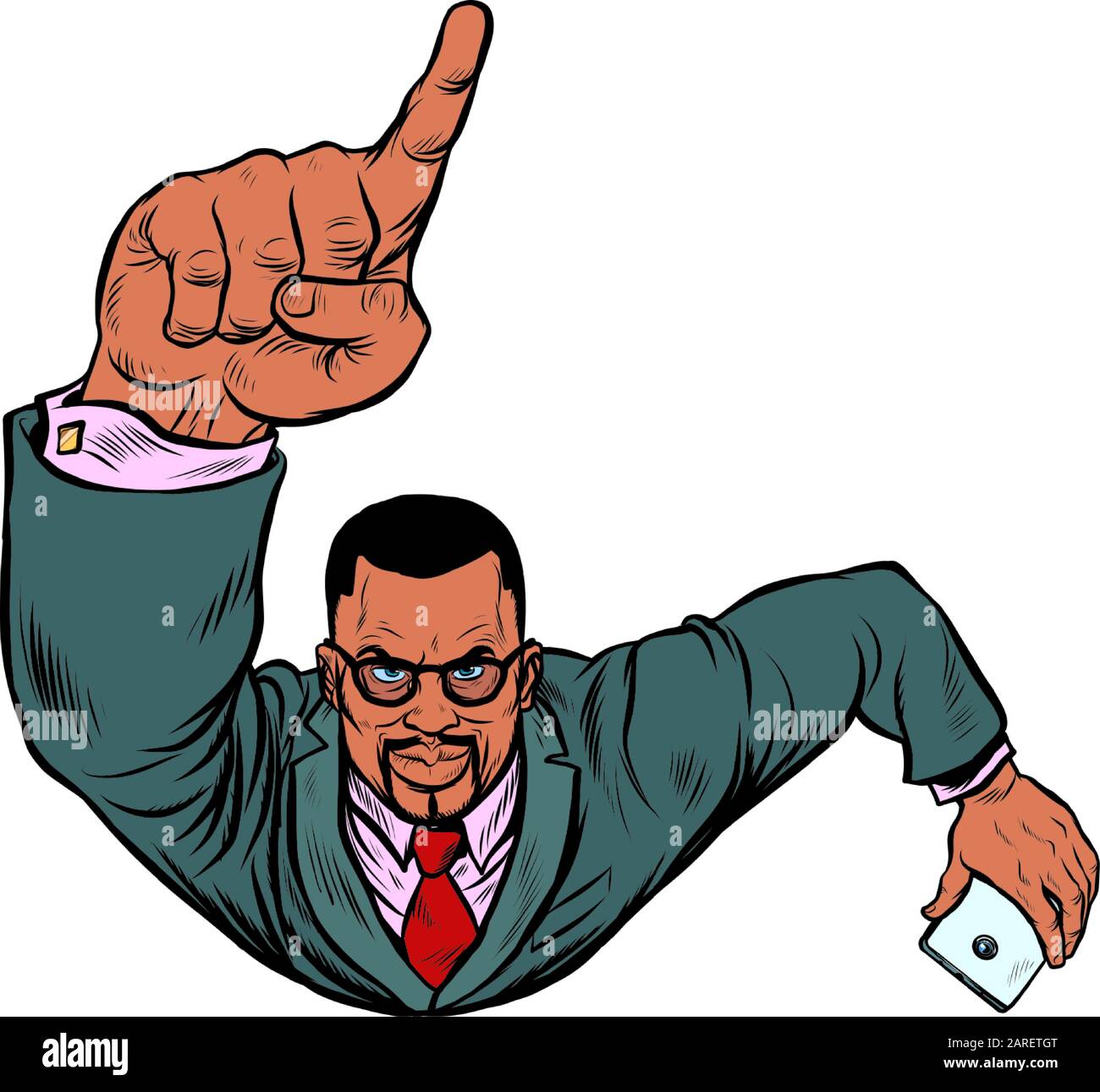 African businessman with a smartphone index finger up. Flying like a superhero Stock Vector