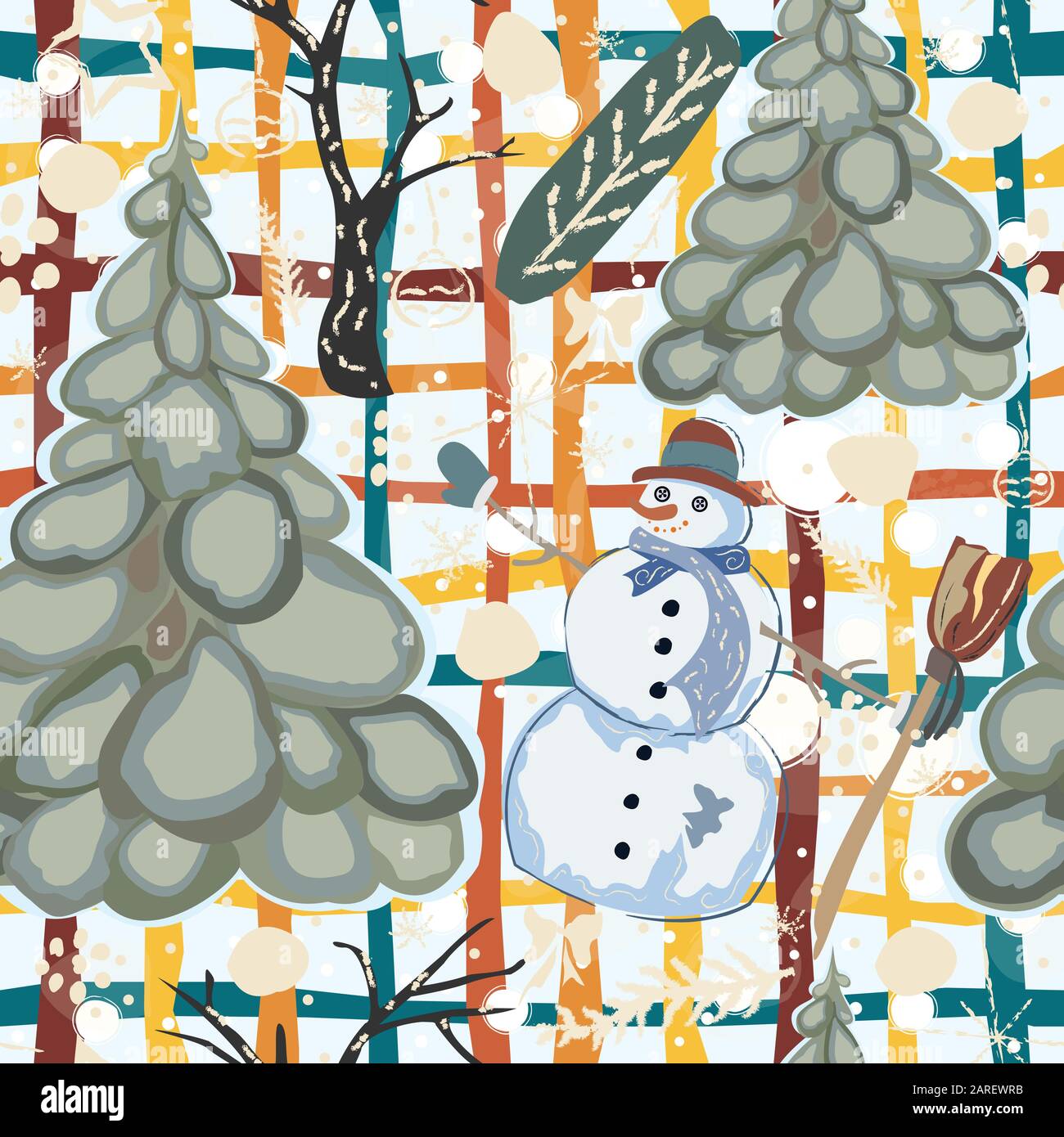 Colorful Winter Pattern with Snowman. Seamless Pattern. Vector Illustration. Stock Vector