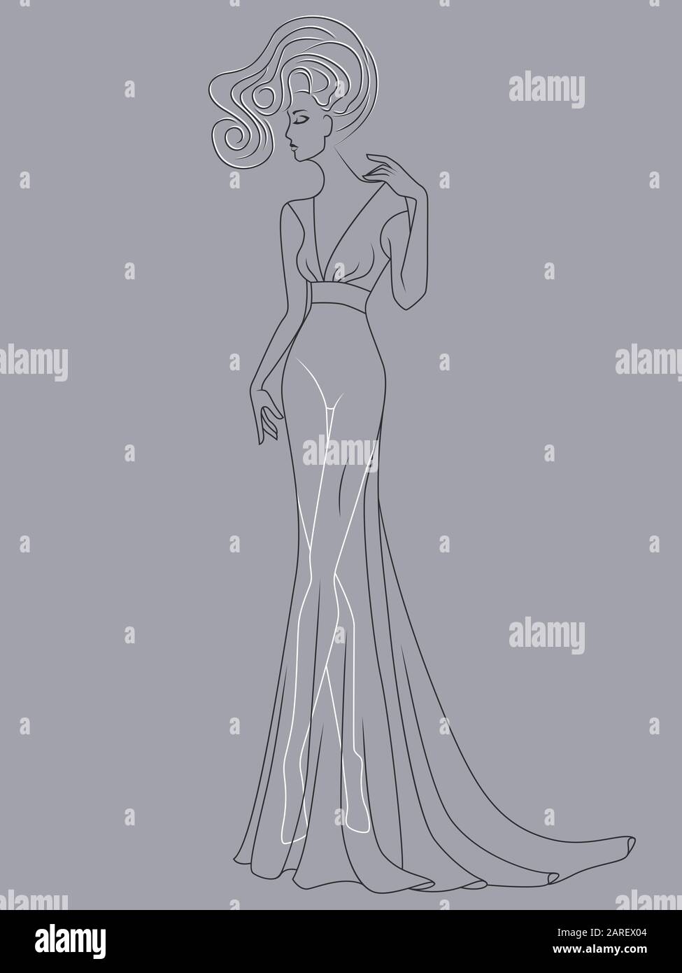 Abstract outline of graceful lady in a sophisticated evening gown design isolated on the muted blue gray background Stock Vector
