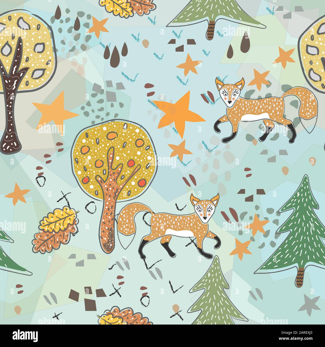 Seamless Pattern with cute hand drawn Fox. Scandinavian Style. Vector ...