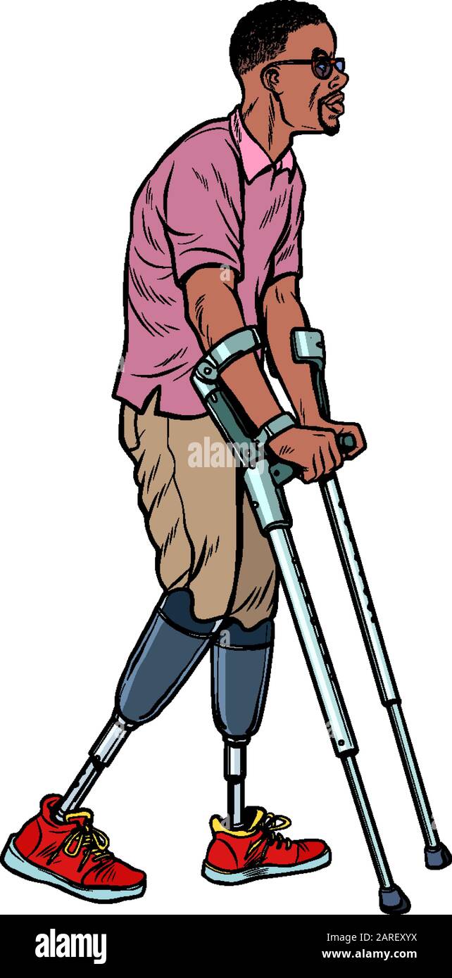 legless african veteran with a bionic prosthesis with crutches. a disabled man learns to walk after an injury. rehabilitation treatment and recovery Stock Vector